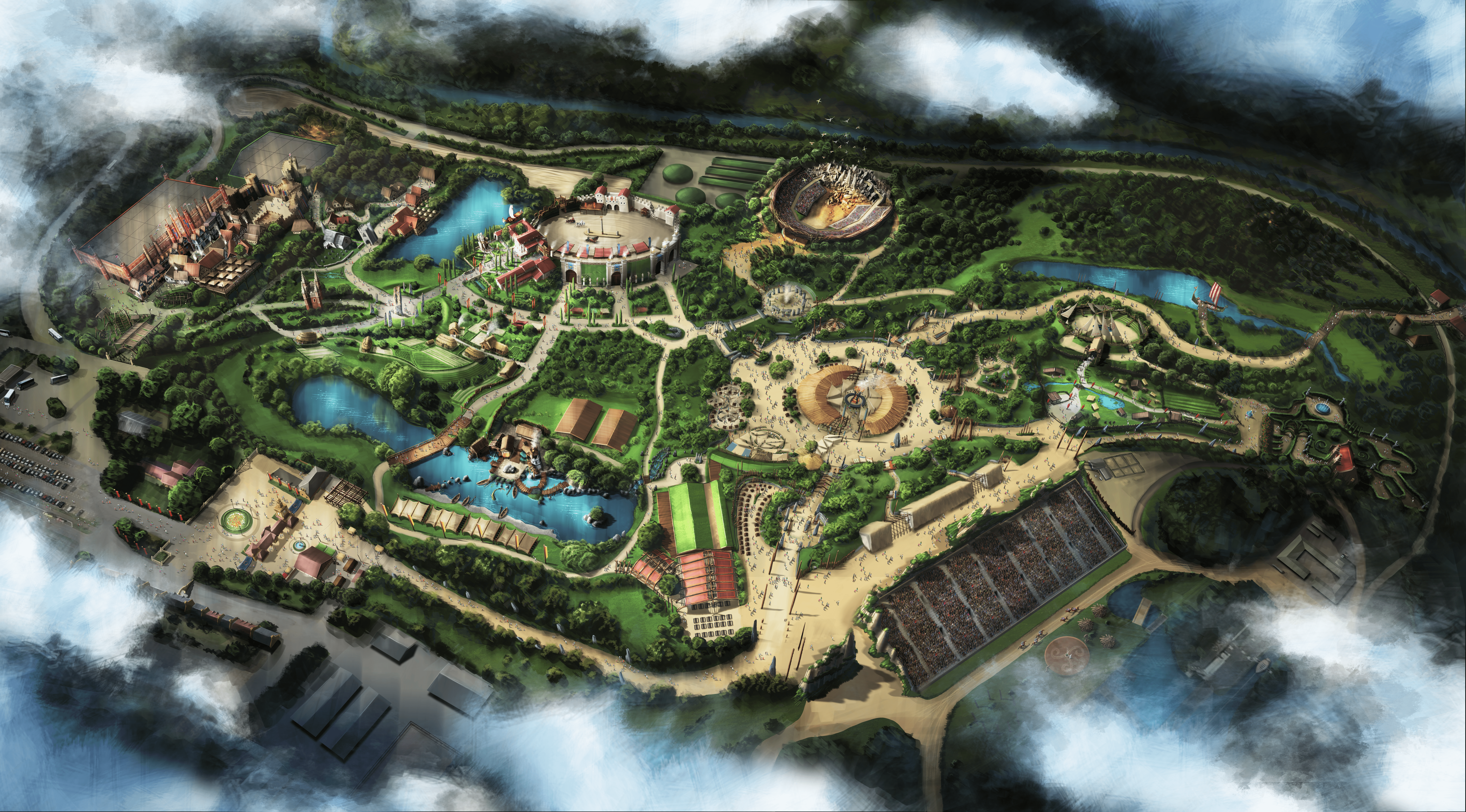 A bird's eye artist impression of Kynren - The Storied Lands, a new time-travelling theme park set to open summer 2026.