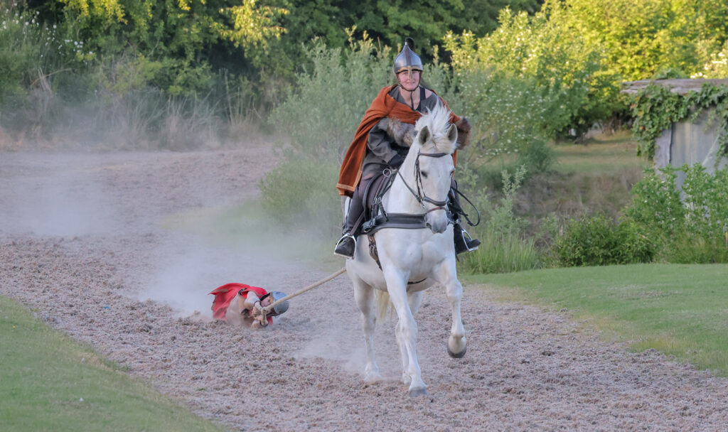 Stephanie and Rebecca complete daring stunts to help tell 2,000 years of British history in Kynren - An Epic Tale of England.