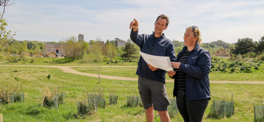 Jimmy Robinson, Curator of Birds & Conservation at Kynren, with Anna Warnecke, CEO, surveying plans for The Lost Feather