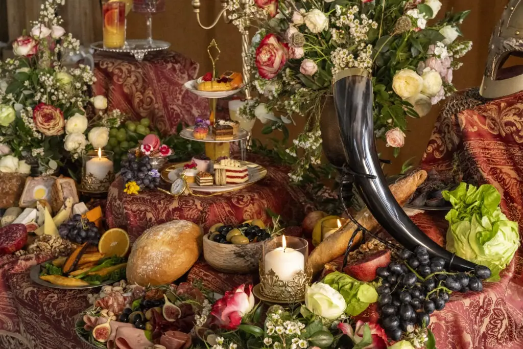 a banquet table laden with food