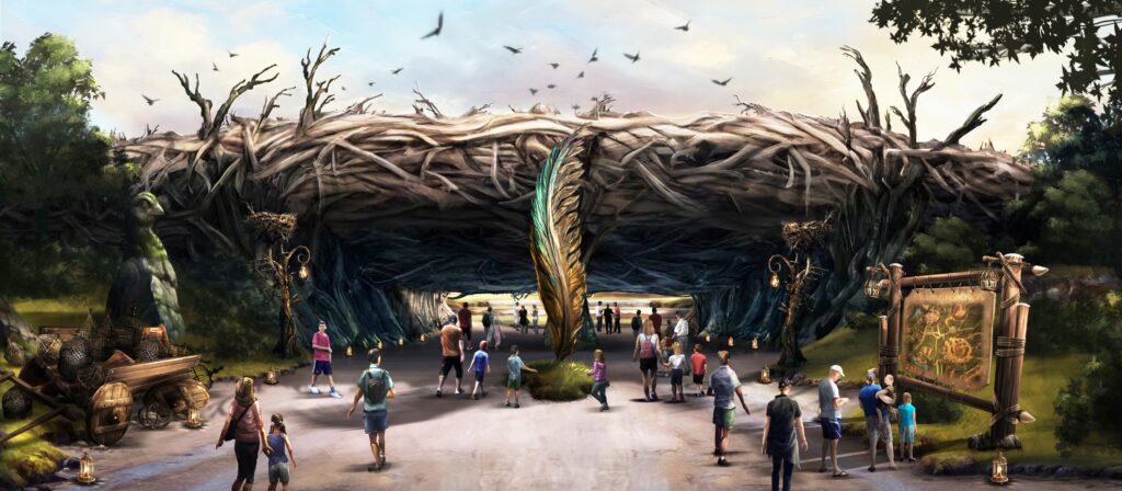 a drawing of an arena in the shape of an eagles nest, people walking underneath it.