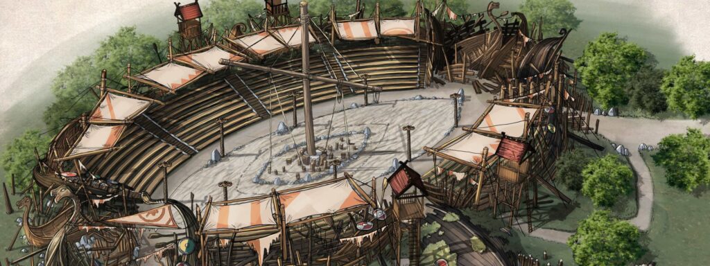 an artist impression of a viking themed stage and seating arena