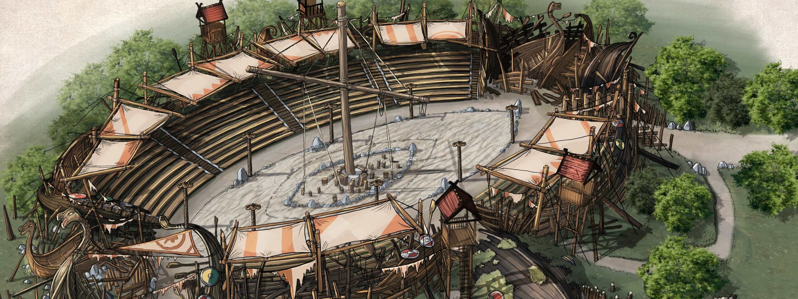 an artist impression of a viking themed stage and seating arena