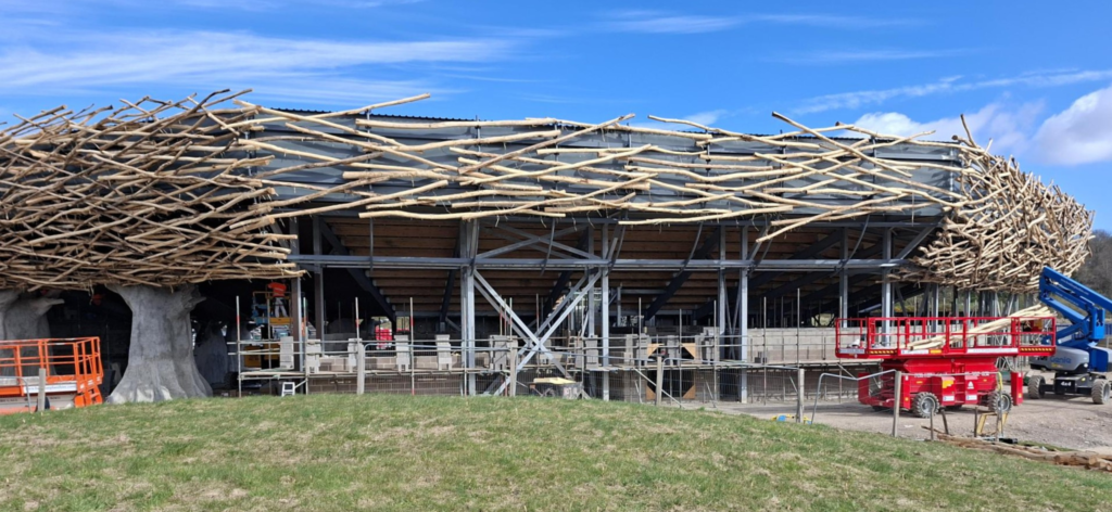 a bird's nest shaped arena with half construction