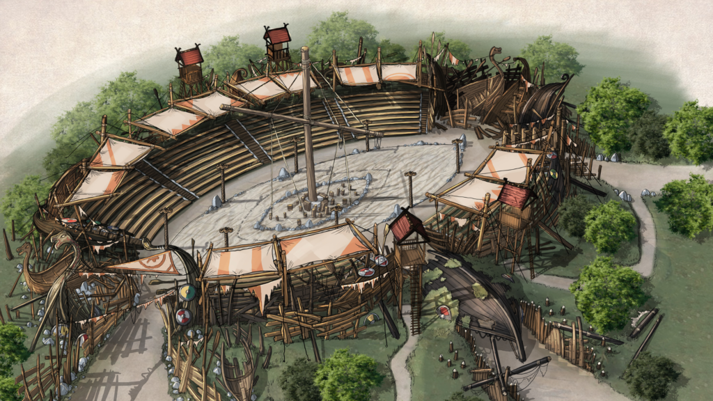 a drawing of a viking themed arena with seats encircling the stage