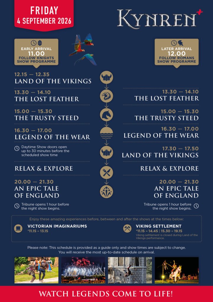 a show schedule for Kynren - The Storied Lands on Friday 4 September