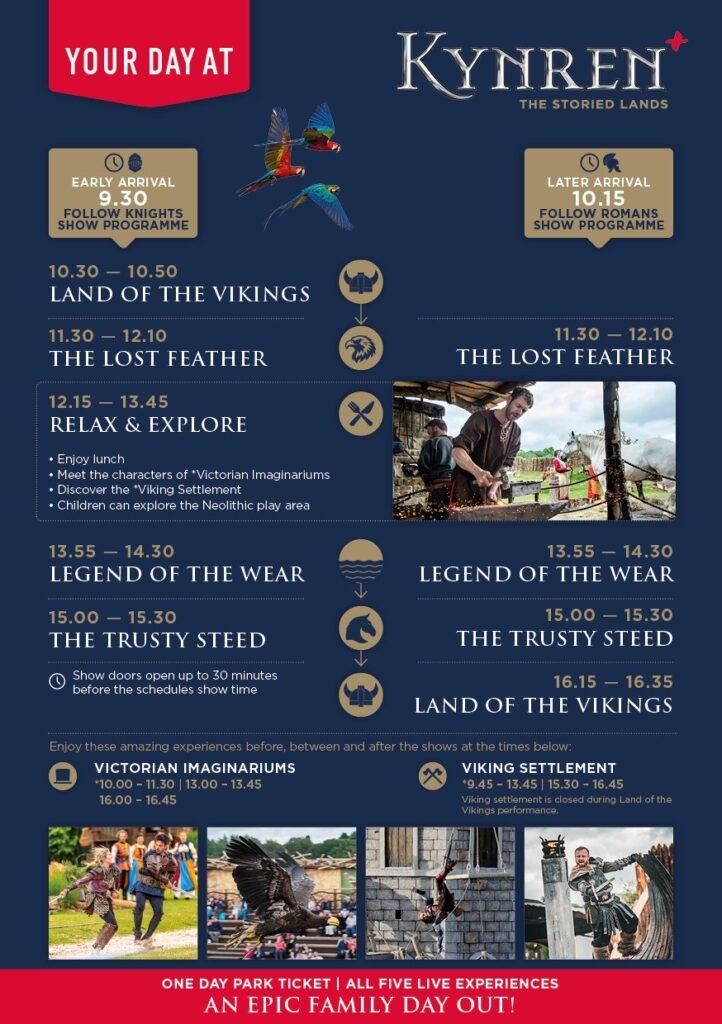 the show schedule for a day park only visit to kynren - the storied lands